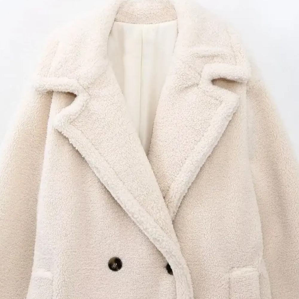 Teddy Long Coat in Cream - Women's Double-Breasted Teddy Jacket - Picture 3 of 12